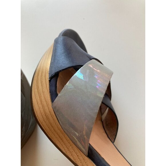 WONDERS Slate Blue Leather Iridescent Grey Patent Strappy Clog Sandals, Size 37 - Picture 9 of 14